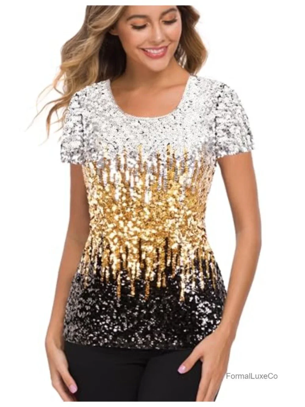 Women's Shimmer Sequin Top Short Sleeve Crew Neck Glitter Party Blouse
